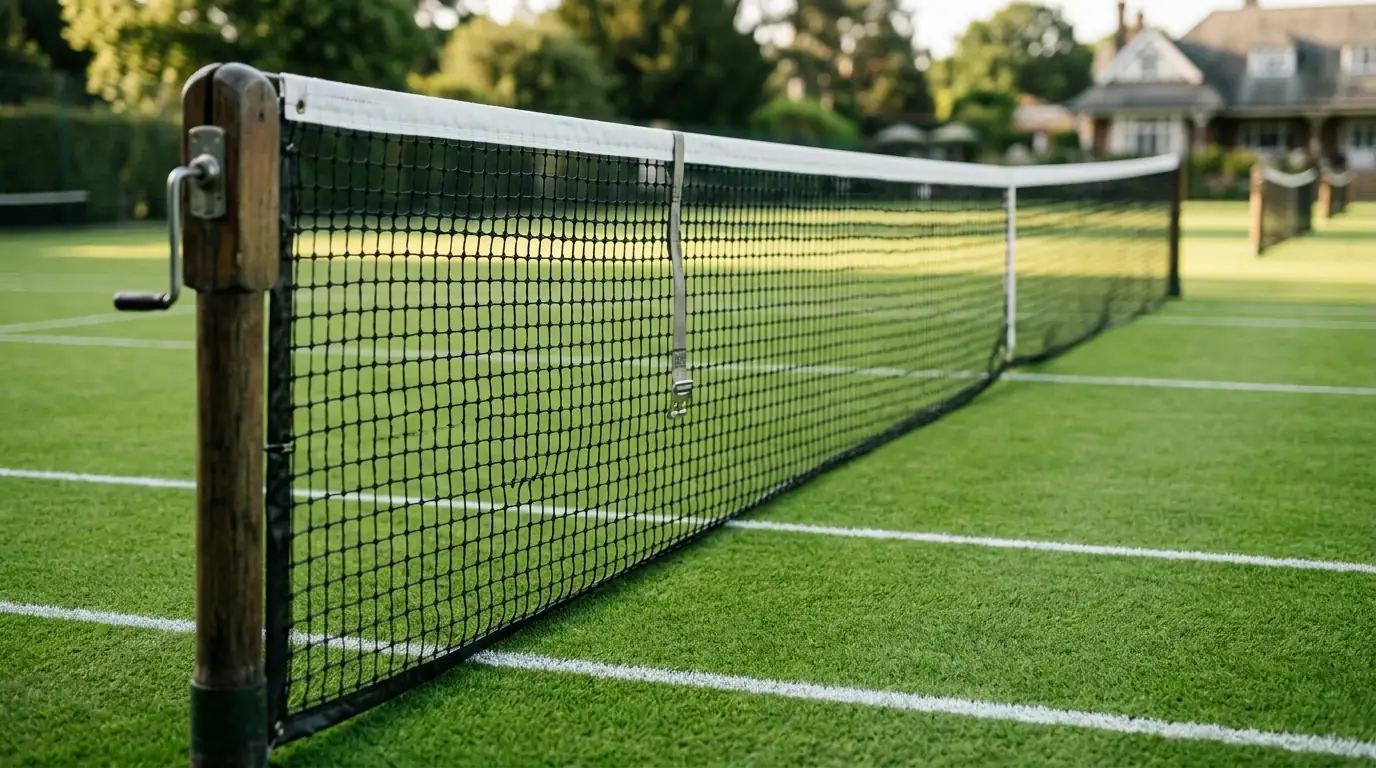 Red de una pista de tenis profesional con líneas blancas sobre césped en un entorno de competición